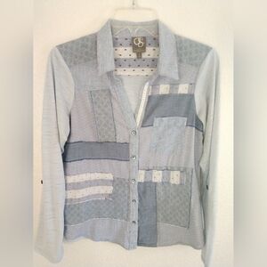 One September Anthropologie Patchwork Shirt Blue Boho Casual Jersey Knit Small